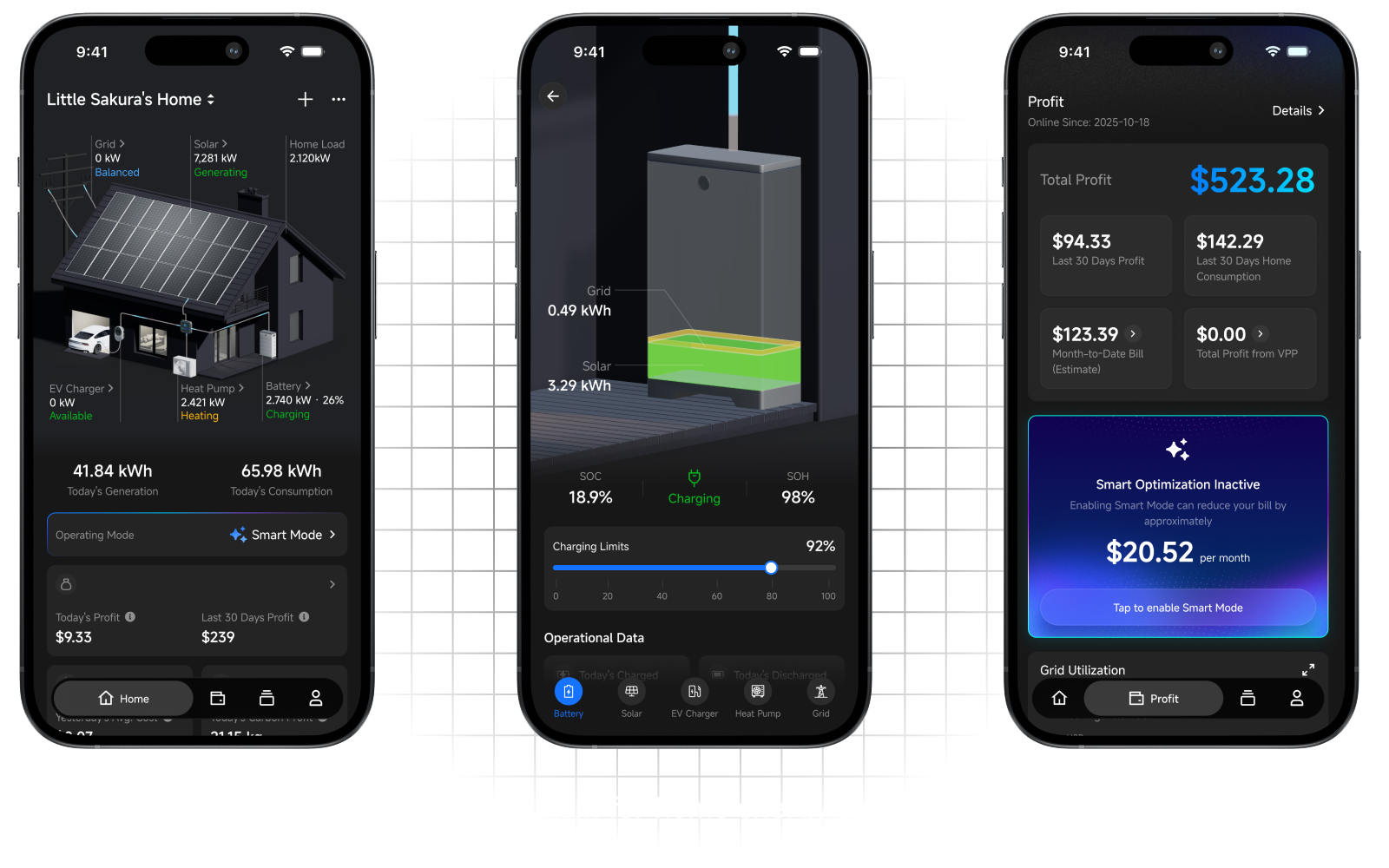 UB HEMS user app screens showing home energy overview, device control and earnings