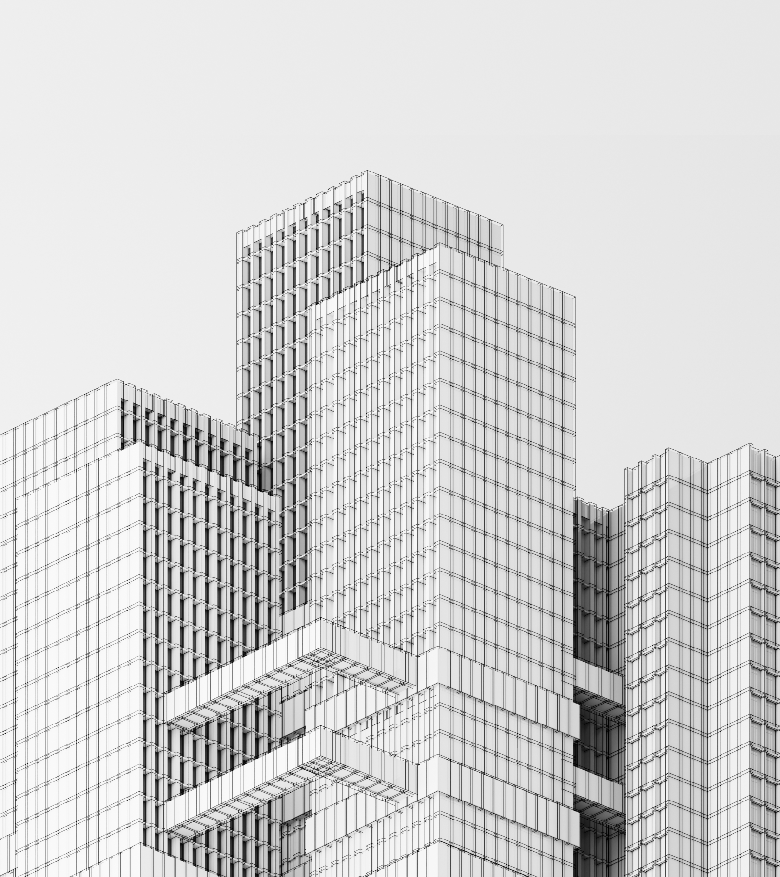 Architectural line drawing of a modern high-rise building