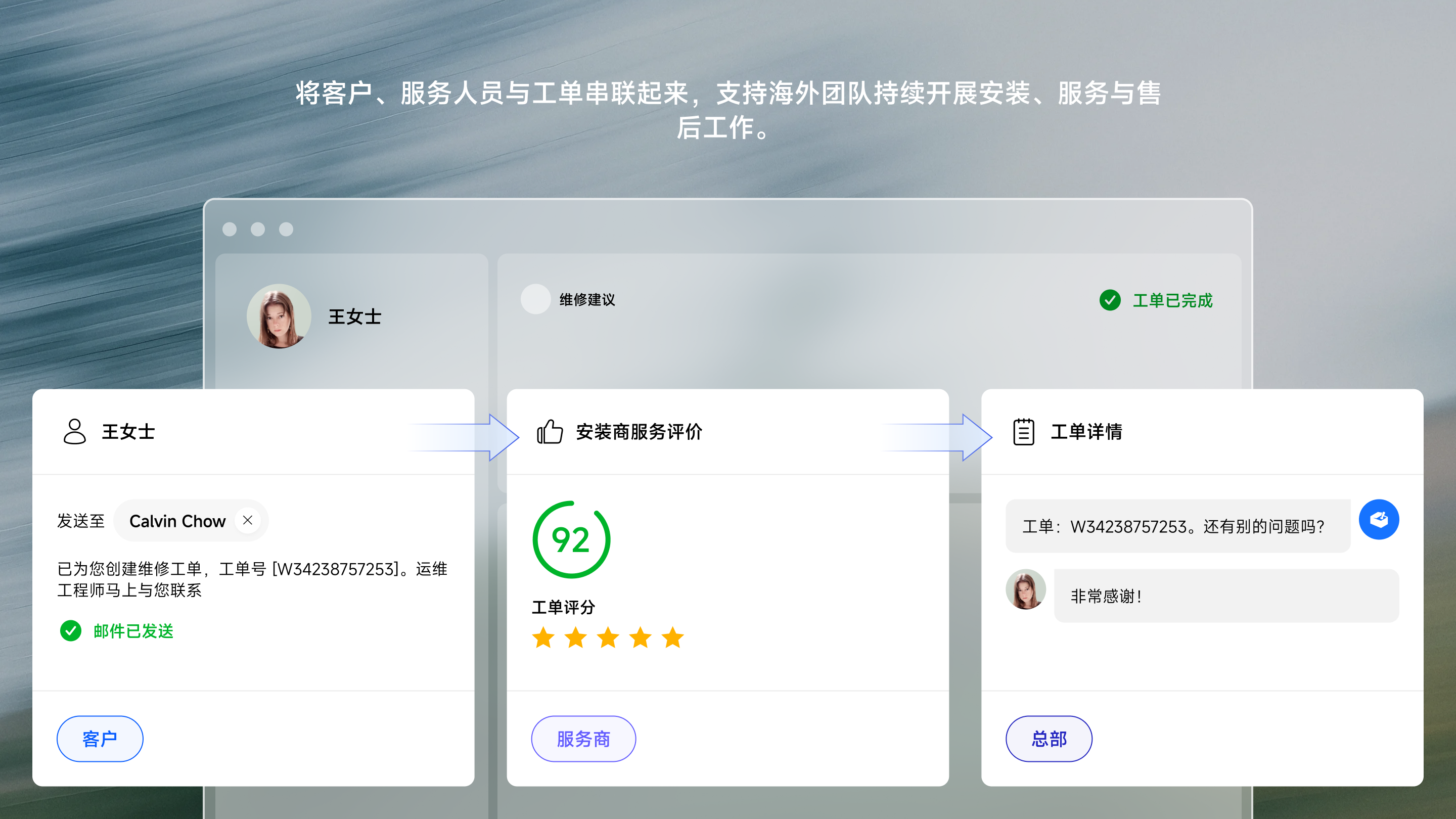 经销商平台连接客户、服务团队与工单，支撑多市场安装与售后