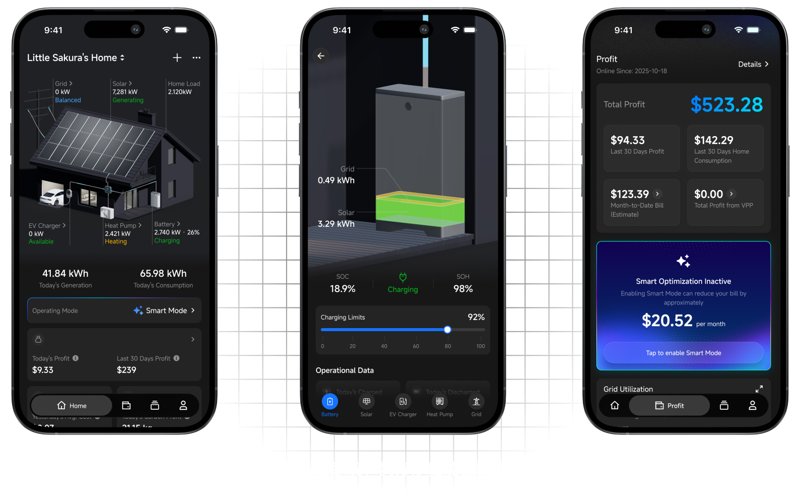 UB HEMS 用户 App 界面，展示家庭能源总览、设备控制与收益
